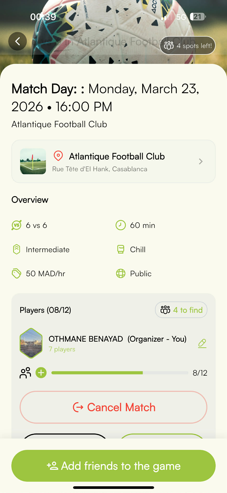 Match management screen